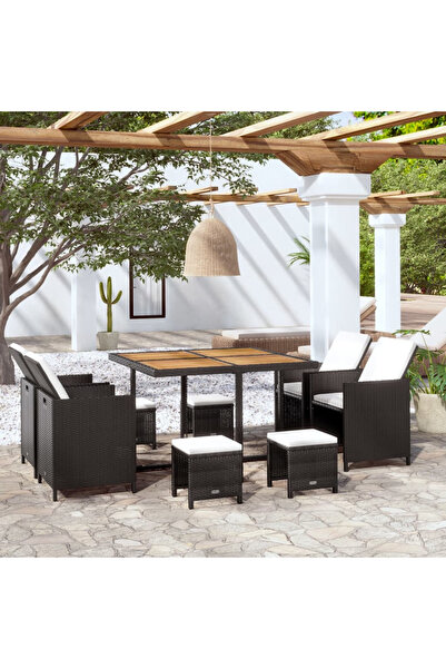 Concept Set mobilier de exterior, 9 piese negru, poliratan, lemn acacia