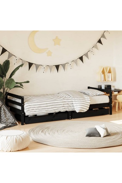 Concept Cadru pat copii cu sertare, negru, 80x200 cm, lemn masiv de pin
