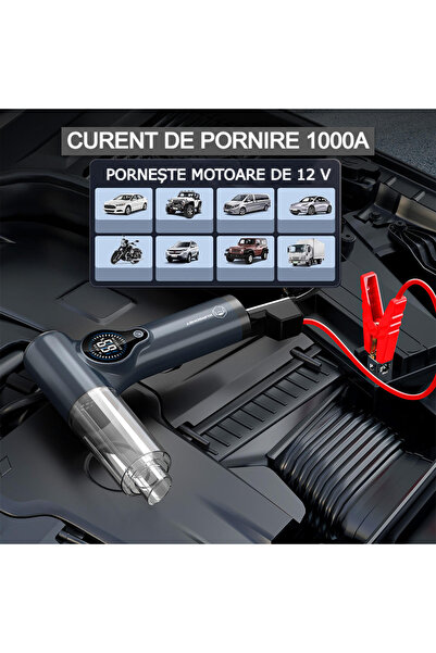 HYDER KURSOHEY ® Aspirator auto multifuncțional fără perii 4 în 1 – Starter auto 1000A + Aspirator 9800Pa + Suflantă + Power Bank, -20°C - +60°C, 8000mAh, Portabil