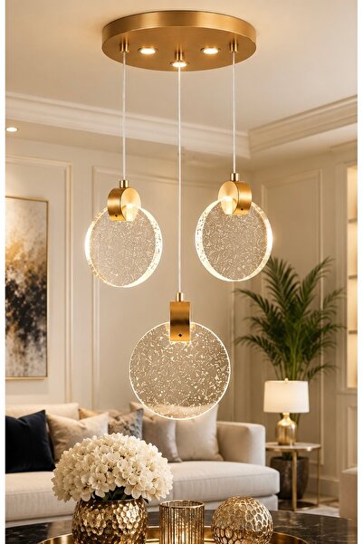burenze Luxury Modern Üçlü Yuvarlak Sarkıt Kristal Camlı Led Avize Gold Sarı ...