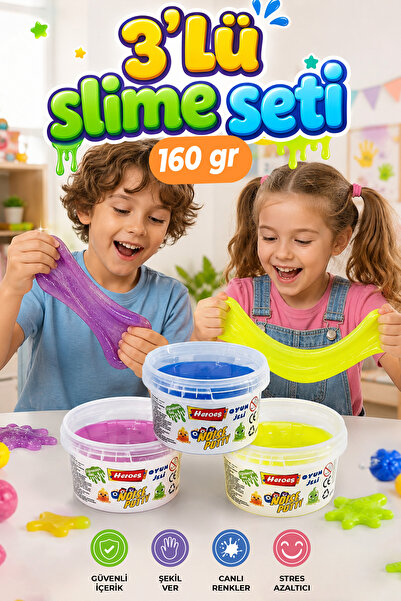 HEROES 170 Gr Slime Seti 2+1 - Ele Yapışmayan Pofuduk Slaym Eğitici Oyun Jeli...
