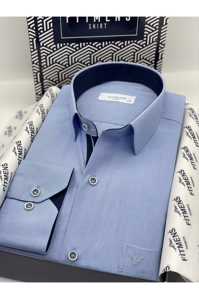 Fitmens Classic Long Sleeve Filafil Pitikareli Swift Gift Boxed Men's Shirt Fs-001263 - Blue