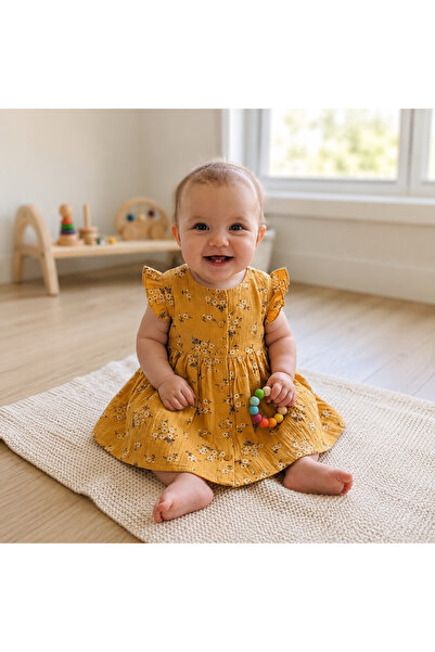 Cherry Çiçek Detaylı Sarı Kız Bebek Elbise Şort Takım