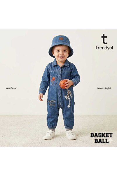 CROCODAYS Unisex Çocuk Bebek Kot (JEANS) Baskılı Şapkalı Tulum (3/6/9/12/18/2...