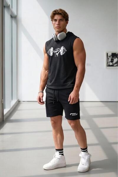 NO 601 Men's Black Dumbel Printed Hooded Tank Top Black Combed Cotton Hook Pr...