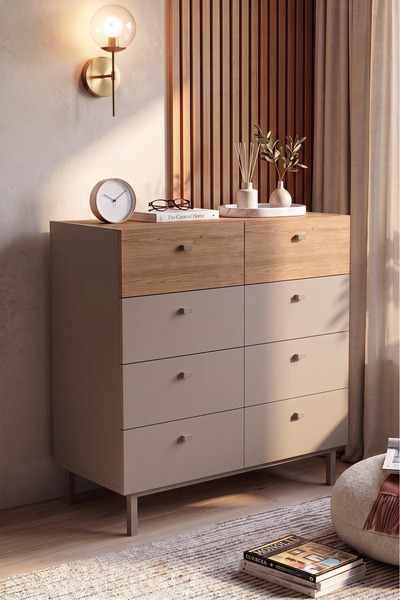 Yurudesign Luke Geniş Şifonyer 8 Çekmeceli Ahşap Ayaklı Kumsal-Sepet LK7-CS