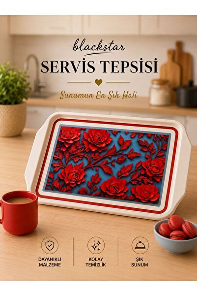 Blackstar Servis Tepsisi Büyük Boy 1 Adet (Kırmızı Çiçek)