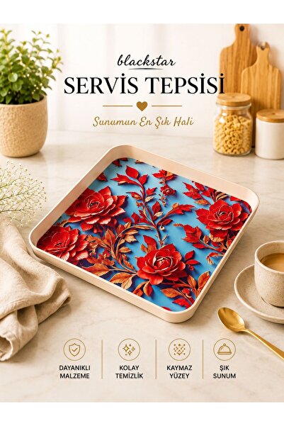 Blackstar Kırmızı Çiçek Desenli Servis Tepsisi Kare Büyük Boy