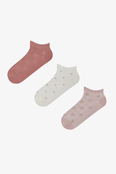 Penti 3 Pairs of Cotton Embossed Floral Patterned Booties Socks