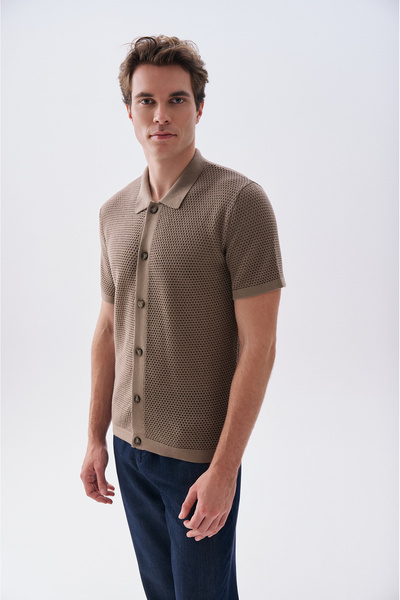 Mudo Men's Mink Color Polo Collar Short Sleeve Knitwear Cardigan
