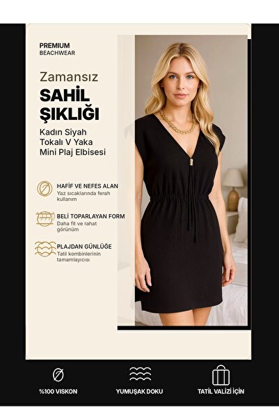 modi Kadın Siyah Yanları Yırtmaçlı Tokalı V Yaka Mini Plaj Elbisesi