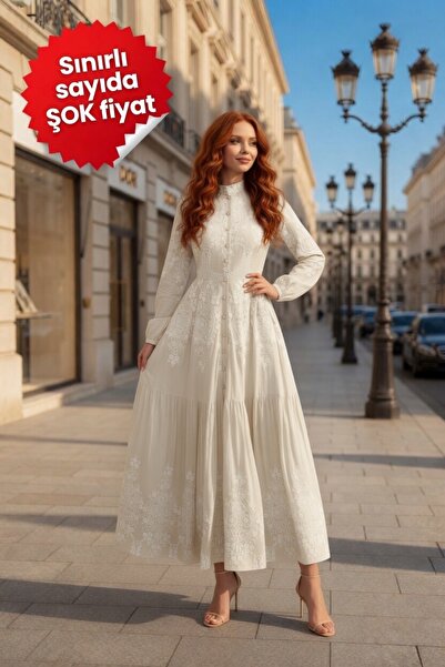 Muslima Wear فستان نسائي من بيرلا بيانكا مزين بالزهور وأزرار لؤلؤية