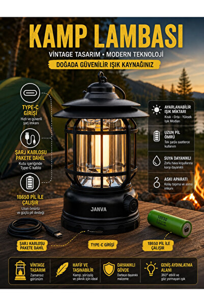 Janva Nostaljik ışığı ayarlanabilir Şarjlı Ledli Kamp Lambası Işıldak Fener 1...