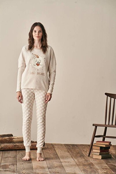 FIRST STYLE Turkish Winter Warm Pajama Set Beige Cute Printed Pajamas