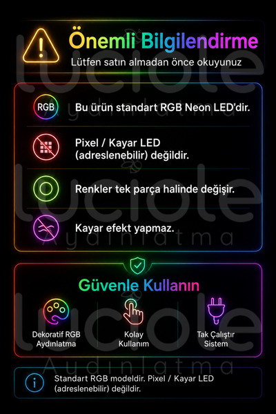 luciole 1 Metre RGB Neon Şerit Işık | AuraFlex Serisi | Esnek Yapılı Kumandalı Tak-Çalıştır LED Aydınlatma