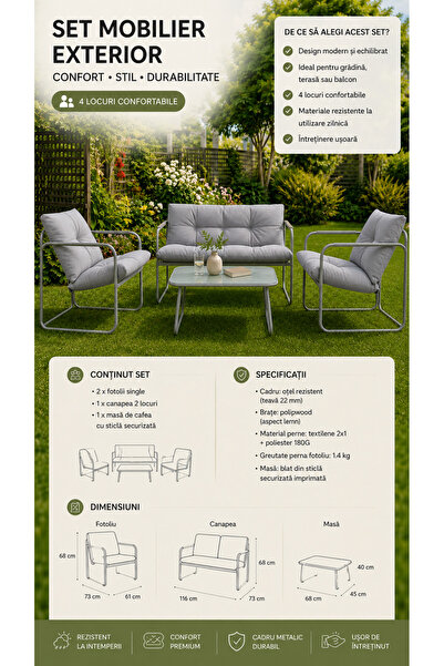 Extramall Set mobilier grădină 4 piese – canapea 2 locuri, 2 fotolii și masă ...