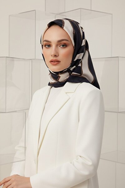 Vissona %100 Twill İpek Zincirli Çizgi Desenli Lacivert - Krem Renkli 90x90 E...