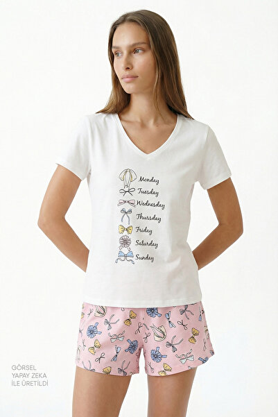 Penti Pembe Bow Of The Day Set de pijamale cu pantaloni scurți din bumbac piese