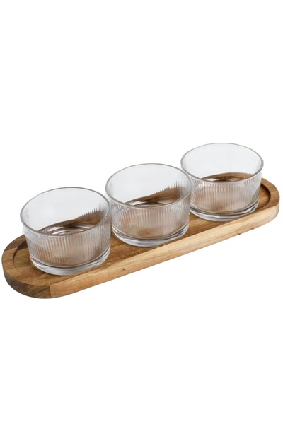 PUFO Set of 3 Ellegance glass bowls with wooden stand for appetizers, snacks,...