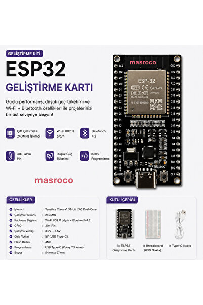 ESP 32 WiFi + Bluetooth Geliştirme Kartı (Type-C + CP2102) – Breadboard ve US...