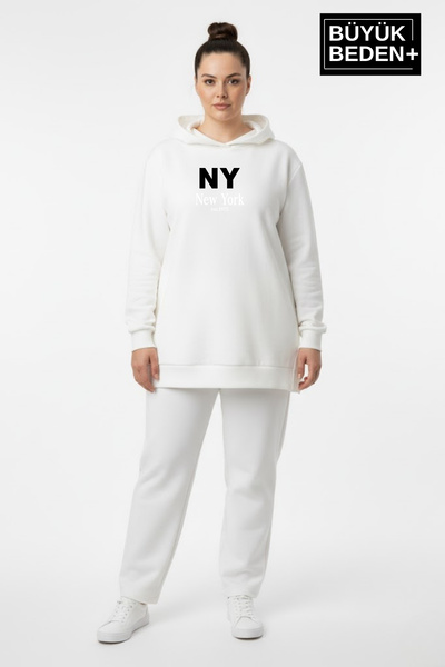 Süperlife سويت شيرت نحيف بقلنسوة مطبوع عليه NY New York مقاس كبير SPR26BTK991-1