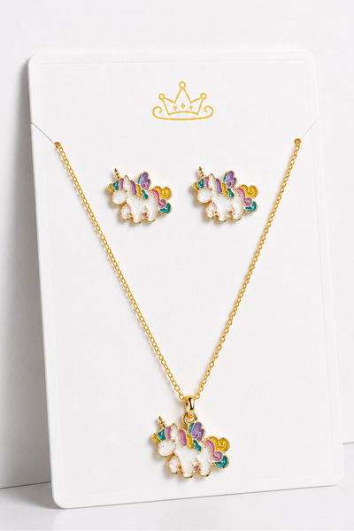 MakeWell Kız Çocuk Unicorn Kolye ve Küpe Seti Renkli Mineli Gold Zincir Takı ...