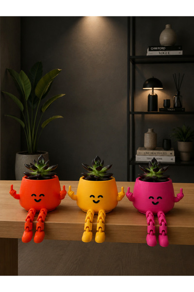 EMAS3D 3 Adet SEVİMLİ AYAKLI TATLI EMOJİ MİNİ SAKSI DEKORATİF (ÜÇLÜ Sarı Turu...