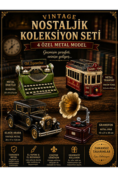 KOLAYEV 4’lü Nostaljik Vintage Set Metal Dekor Koleksiyonu Tramvay Daktilo Gr...