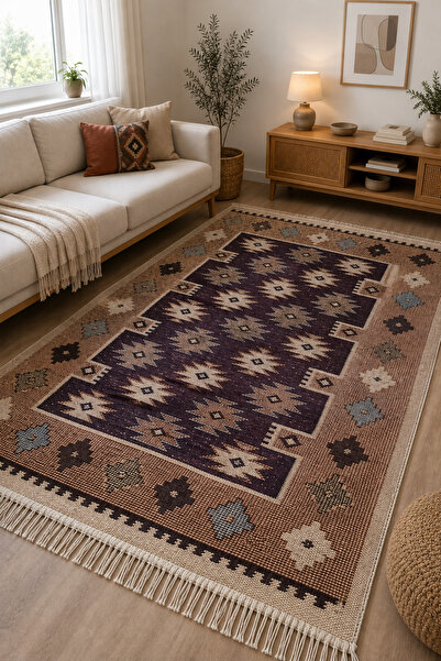 OEM Covor tradițional țesut, față-verso, 180x280cm, maro și crem, model ROMB