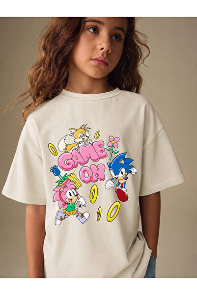 Little Aden Kız Çocuk Sonic Baskılı %100 Pamuk Oversize Yazlık Tişört