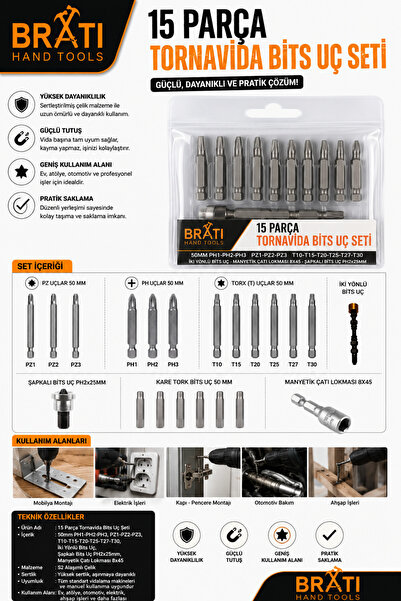 BRATİ HAND TOOLS 15 Parça Tornavida Bits Uç Seti (50MM PH1-PH2-PH3 50MM PZ1-P...