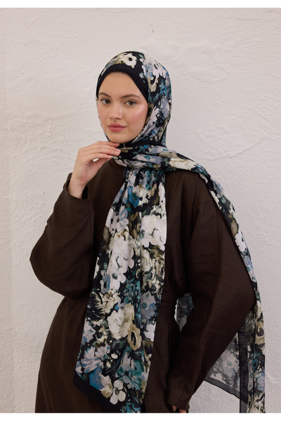 Freshscarfs Beauty Blossom Desen Rami Şal Siyah