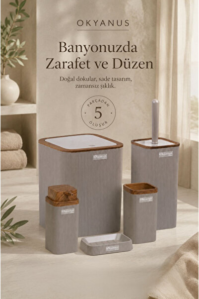 Okyanus Home Stella Vizon Ahşap Desenli Çizgili 5'li Banyo Seti