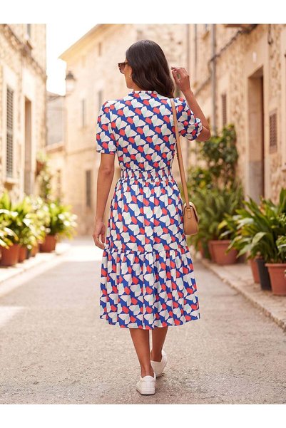 FARREN Women's Blue Patterned Elastic Draped V-Neck Short Sleeve Viscose Midi Dress