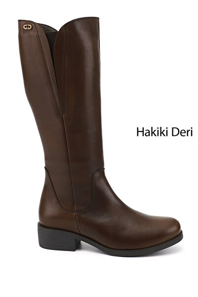 GÖNDERİ(R) Women's Brown Antique Zippered Thick Heeled Genuine Leather Boots