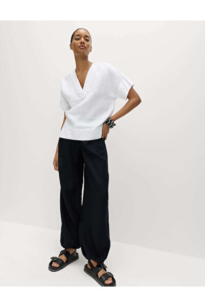 Marks & Spencer %100 Keten V Yaka Popover Bluz