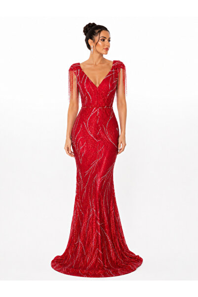 Lovely Dress Kırmızı Simli İşlemeli V Yaka Kısa Kol Abiye Elbise