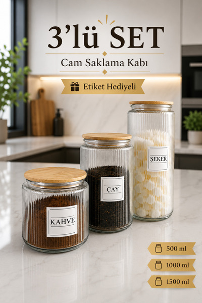 naturelove 3'Lü Ahşap Vakumlu Kapaklı Çay Şeker ve Kahve Kavanozu Saklama kab...