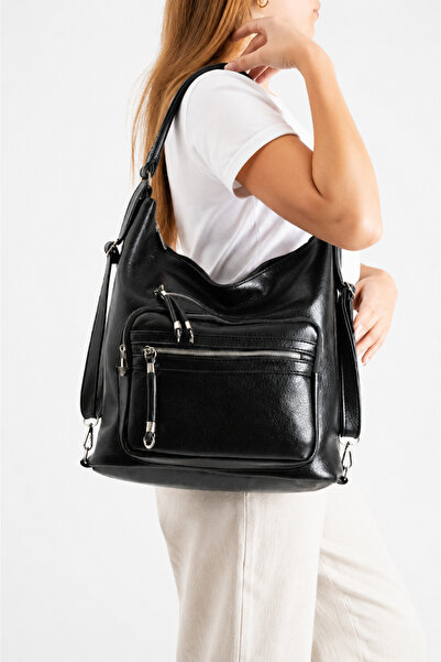 MILANOFOX Women's Black Large Size Multi-Compartment Leather Shoulder and Bac...