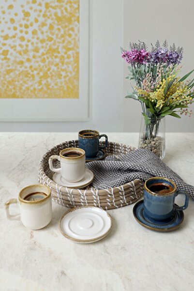 Keramika Set de cafea Shizen Albastru / Crem Formart 8 piese pentru 4 persoan...