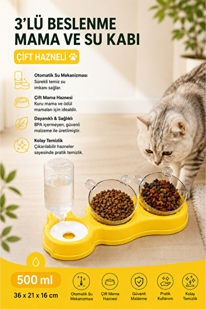 Glipet Çift Hazneli- 3' Lü Beslenme Mama Ve Su Kabı Sarı 500ml 36*21*16 Cm