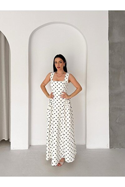LAMİFUSTORE Polka Dot Pattern Strap Midi Dress