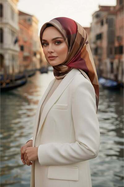 Vissona % 57 İPEK % 43 VİSKON Twill İpek Geometrik Desenli Bej - Kırmızı Renk...