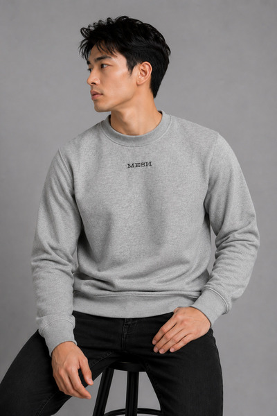 Mesh Men's Winter Gray Crew Neck Premium Sweatshirt Embroidered Soft