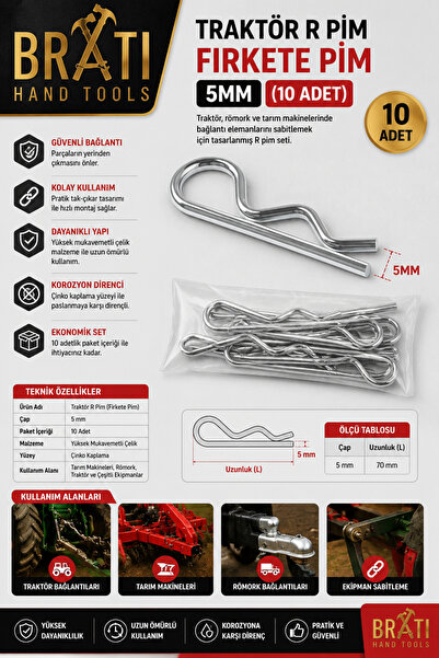 BRATİ HAND TOOLS Traktör R Pim Firkete Pim 5MM (10 Adet)