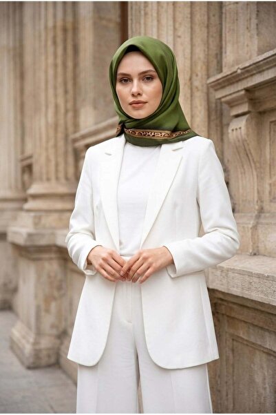 Vissona %100 Twill İpek Bordürü Leoparlı Düz Desenli Haki - Gold Renkli 90x90...