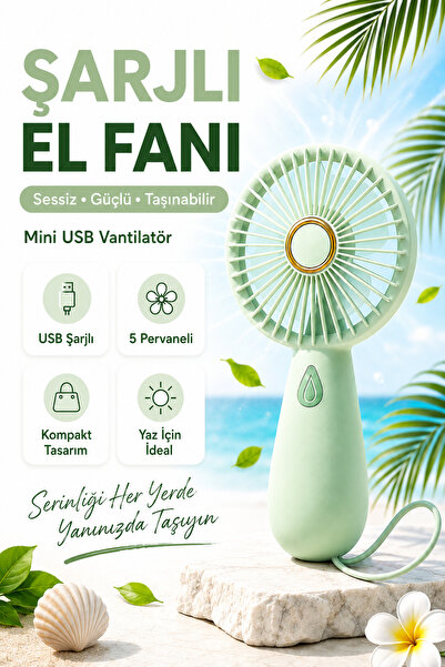 Ecuy Şarjlı Sessiz Güçlü El Fanı Mini Taşınabilir USB Vantilatör 5 Pervaneli Fan