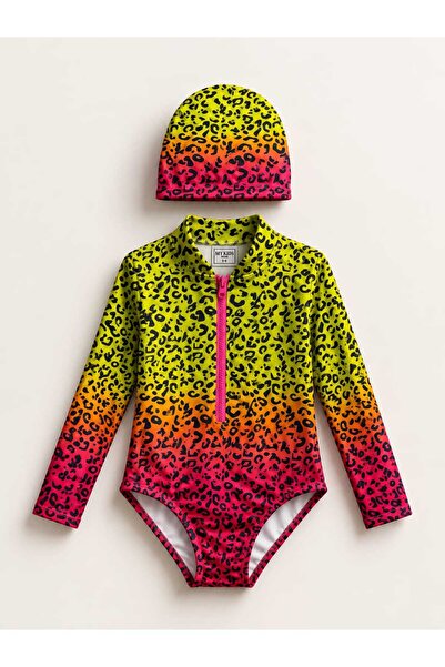 My Kids Wear Girl's Uv Protection Long Sleeve Zipper Swimsuit Set 12784
