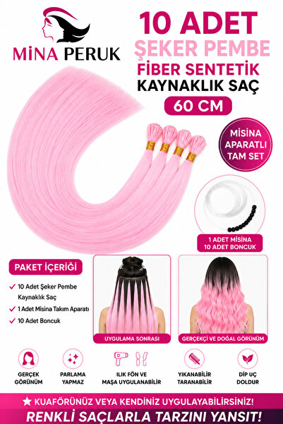 Mina Peruk ŞEKER PEMBE Premium Fiber Sentetik Boncuk Kaynak 60 cm Şeker Pembe...