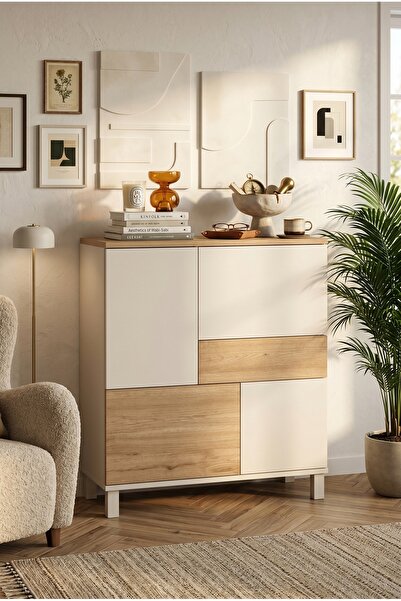 Yurudesign Mood Çok Amaçlı Dolap Ahşap Ayaklı 4 Kapaklı Çekmeceli Kumsal-Sepe...